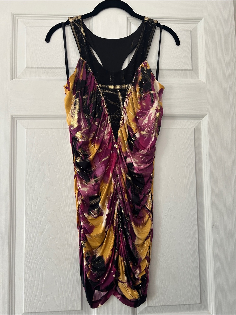 Charlotte Russe Abstract Ruched Dress in Purple, Gold & Black